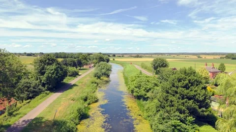 Aerial view of a narrow, slow-moving stream. Green algae drifts across its Stock Footage 343696013