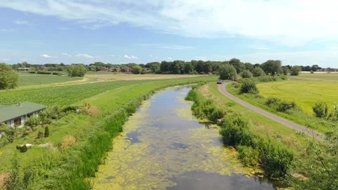 Aerial view of a narrow, slow-moving stream. Green algae drifts across its Stock Footage 343696072