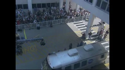 Aerial view NASA's Space Shuttle Atlantis STS-125 astronauts boarding astrovan Stock Footage 283460474