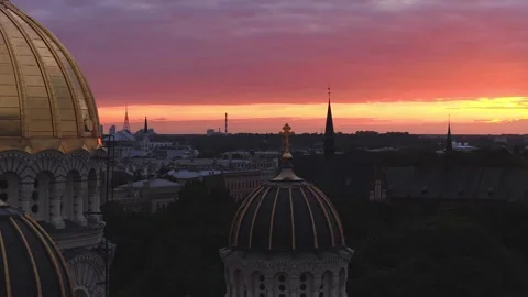 Aerial View of Nativity Cathedral Domes in Riga at Sunset Stock Footage 343978062
