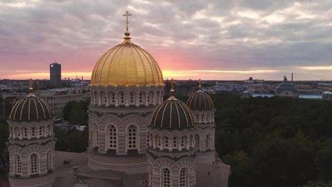 Aerial view of Nativity of Christ Cathedral in Riga at sunset Stock Footage 343978044