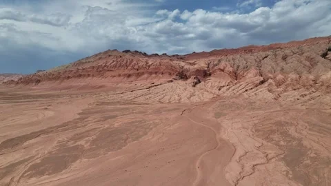 Aerial view of Natural Landforms of Flame Mountain in Turpan, Xinjiang China Stock Footage 307495602