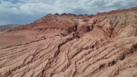 Aerial view of Natural Landforms of Flame Mountain in Turpan, Xinjiang China Stock Footage 307495642