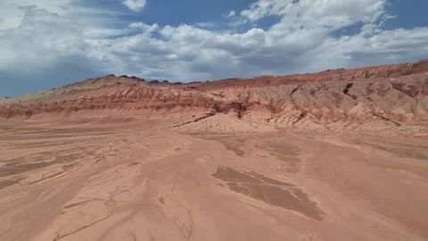Aerial view of Natural Landforms of Flame Mountain in Turpan, Xinjiang China Stock Footage 307495654