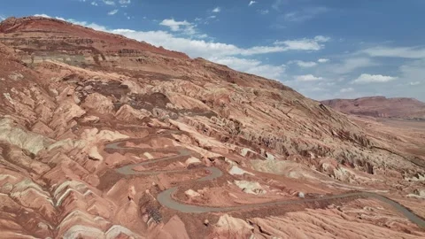 Aerial view of Natural Landforms of Flame Mountain in Turpan, Xinjiang China Stock Footage 307495668