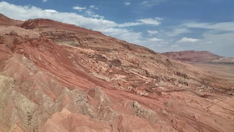 Aerial view of Natural Landforms of Flame Mountain in Turpan, Xinjiang China Stock Footage 307495672