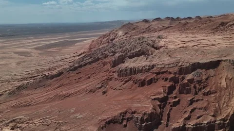 Aerial view of Natural Landforms of Flame Mountain in Turpan, Xinjiang China Stock Footage 307495688