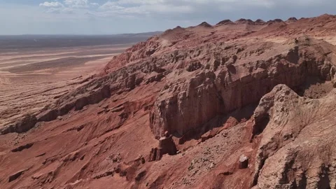 Aerial view of Natural Landforms of Flame Mountain in Turpan, Xinjiang China Stock Footage 307495729