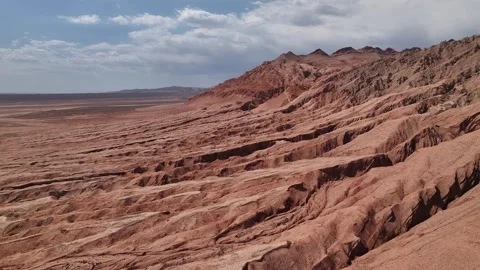 Aerial view of Natural Landforms of Flame Mountain in Turpan, Xinjiang China Stock Footage 307495841