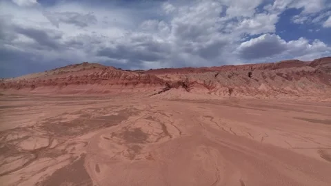 Aerial view of Natural Landforms of Flame Mountain in Turpan, Xinjiang China Stock Footage 307495846