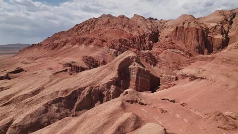 Aerial view of Natural Landforms of Flame Mountain in Turpan, Xinjiang China Stock Footage 307495907