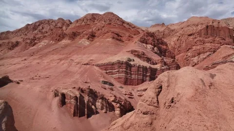 Aerial view of Natural Landforms of Flame Mountain in Turpan, Xinjiang China Stock Footage 307495916