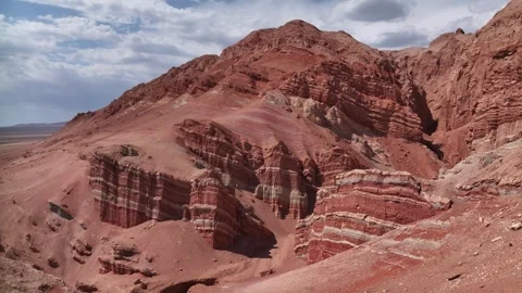 Aerial view of Natural Landforms of Flame Mountain in Turpan, Xinjiang China Stock Footage 307495970