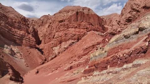 Aerial view of Natural Landforms of Flame Mountain in Turpan, Xinjiang China Stock Footage 307495974