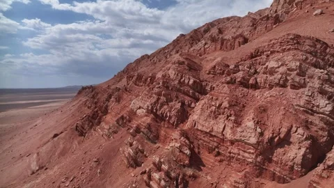 Aerial view of Natural Landforms of Flame Mountain in Turpan, Xinjiang China Stock Footage 307495979