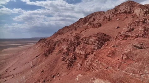 Aerial view of Natural Landforms of Flame Mountain in Turpan, Xinjiang China Stock Footage 307495983