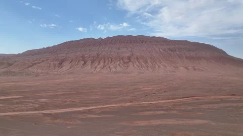 Aerial view of Natural Landforms of Flame Mountain in Turpan, Xinjiang China Stock Footage 307496308