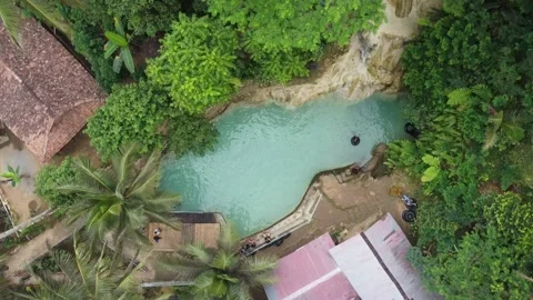 Aerial view of natural pool in the Mudal river park. Kulon Progo Indonesia Stock Footage 138974635