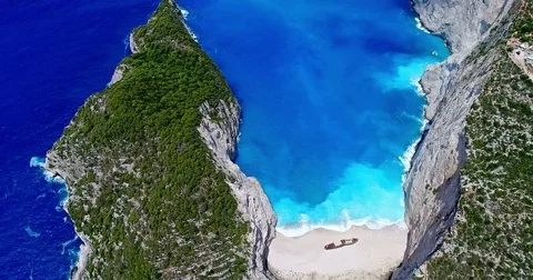 Aerial view of Navagio (Shipwreck) Beach in Zakynthos island, Greece. Stock Footage