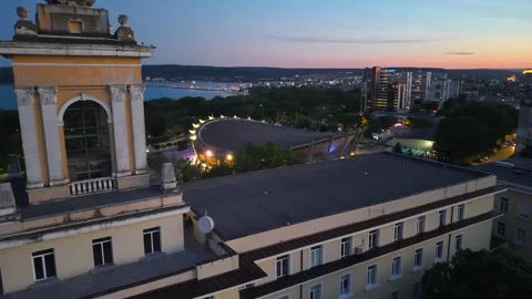 Aerial View of Naval Academy Tower and Palace of Culture and Sports in Varna Stock Footage 343634805