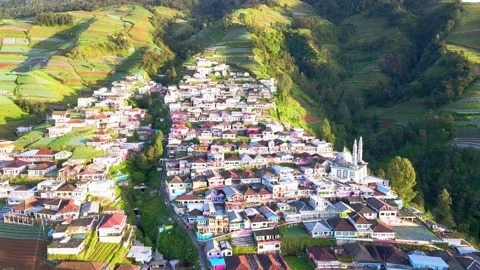 Aerial view of Nepal Van Java on the slope of Sumbing Mountain - Indonesia Stock-Footage 231666316