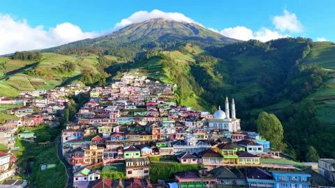 Aerial view of Nepal van Java village nestled on the lush slopes of Mount Stock-Footage 321387770