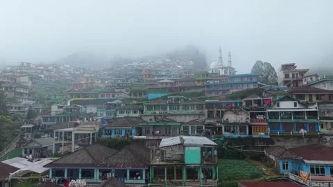 Aerial view of Nepal Van Java village on a misty hillside, Indonesia. Stock-Footage 336320874
