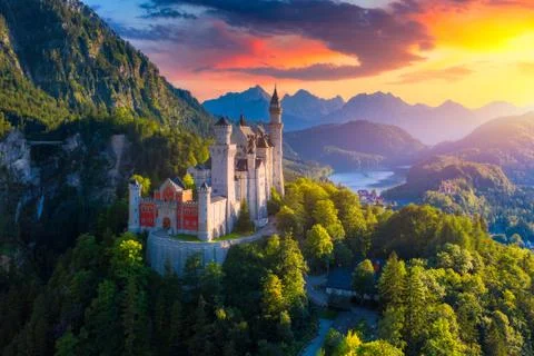 Aerial view of Neuschwanstein Castle with scenic mountain landscape near Fuss Stock Photos