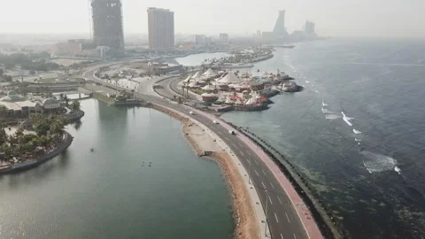 Aerial view in new beach Jeddah, Saudi Arabia, Jeddah Waterfront Stock Footage