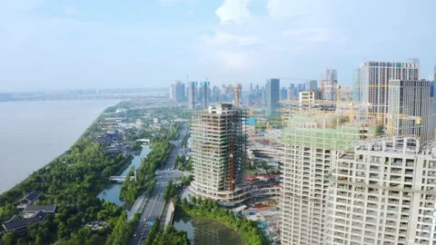 Aerial view of new construction site in midtown of hangzhou Stock Footage 194614841