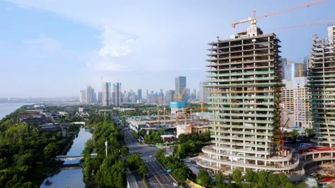 Aerial view of new construction site in midtown of hangzhou Stock Footage 194615015