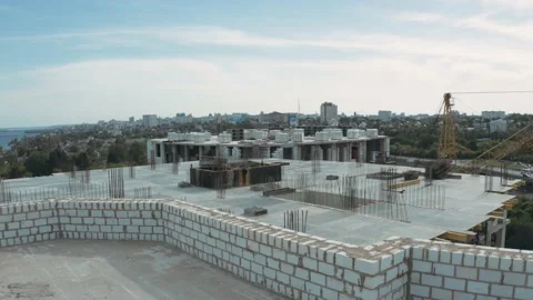 Aerial view of new constructions site building in metal framework style Stock Footage 131404424