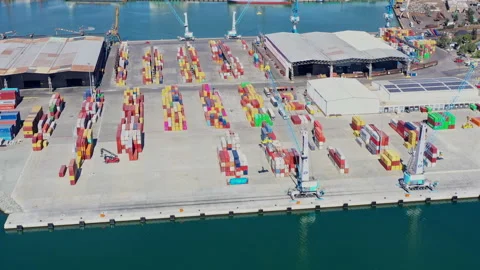 Aerial view to new container unloading terminal of port of Burgas, Bulgaria 스톡 동영상 315553845