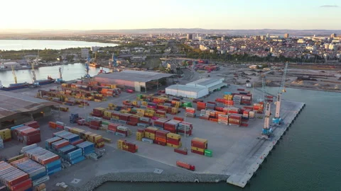 Aerial view to new container unloading terminal of port of Burgas, Bulgaria 스톡 동영상 315780967