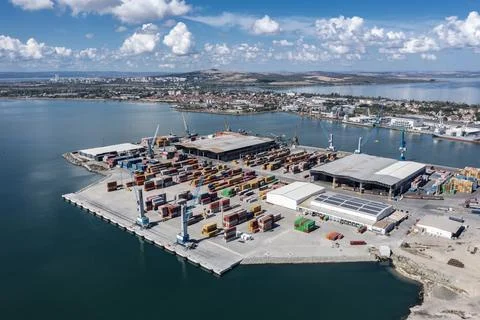 Aerial view to new container unloading terminal of port of Burgas, Bulgaria Stock-Fotos