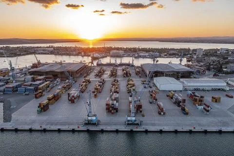 Aerial view to new container unloading terminal of port of Burgas, Bulgaria Stock-Fotos