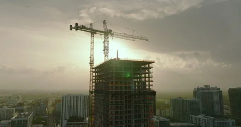 Aerial view of new developing residence in American urban area. Tower cranes at Video stock 254855502