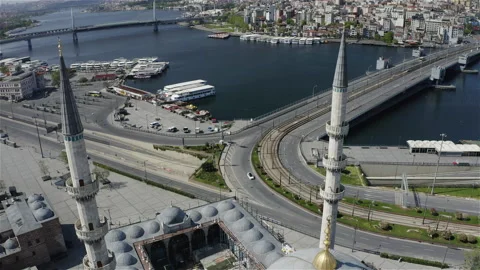 Aerial view of New Mosque and Galata Bridge. 4K Footage in Turkey Stock Footage 136777302