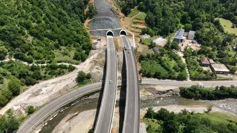 Aerial view of new road through Rikoti pass in Georgia 動画素材 280495731