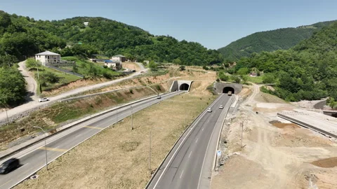 Aerial view of new road through Rikoti pass in Georgia Stock-Footage 280500175