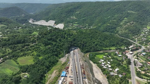 Aerial view of new road through Rikoti pass in Georgia 動画素材 280542795