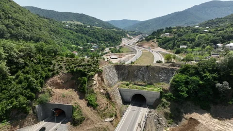 Aerial view of new road through Rikoti pass in Georgia Stock-Footage 280542827