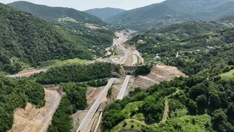 Aerial view of new road through Rikoti pass in Georgia Stock-Footage 280547131
