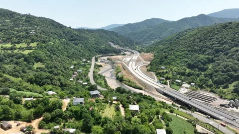 Aerial view of new road through Rikoti pass in Georgia Stock-Footage 280548671