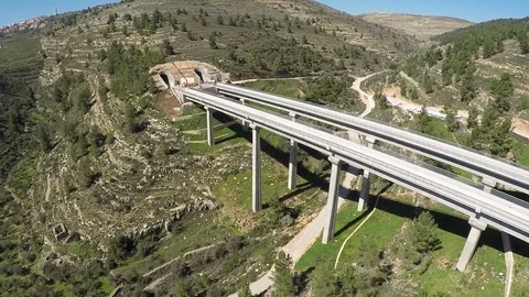 Aerial view of the new train line to Jerusalem Israel,  Aerial follow footage Video stock 72118590