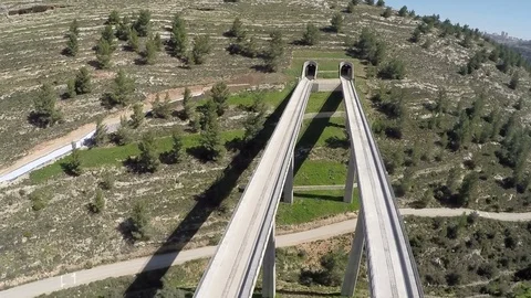Aerial view of the new train line to Jerusalem Israel,  Aerial follow footage Video stock 72120893