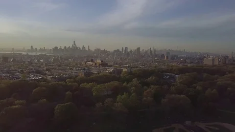 Aerial view of the New York City Skyline from Prospect Park Stock Footage