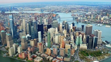Aerial view of New York Financial District. Skyscrapers in Lower Manhattan. Stock Footage 85644442