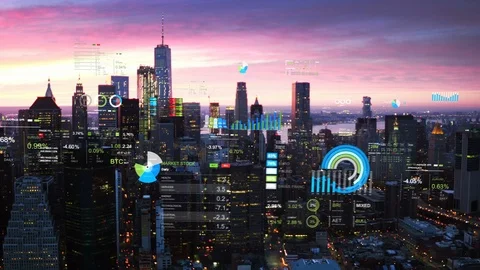 Aerial view of New York with financial charts and data. Futuristic city skyline. Stock Footage 96126154