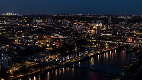 Aerial View of Newcastle upon Tyne UK at night, England, Great Britain Stock Footage 118355387